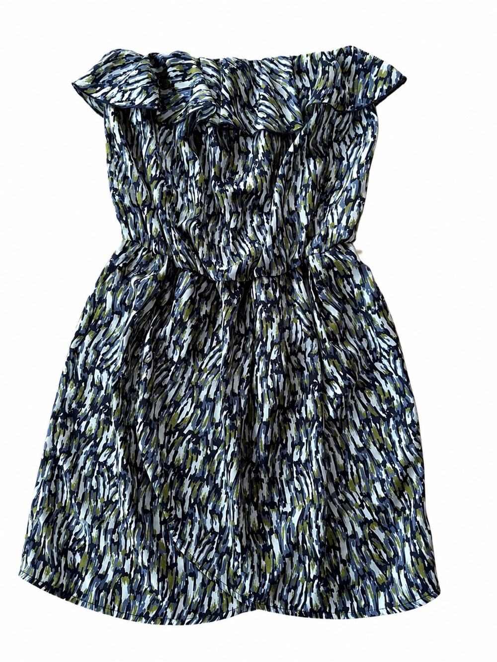 Gap Off Shoulder Ruffle Faux Wrap Mini Dress Small Blue Green Abstract Print
